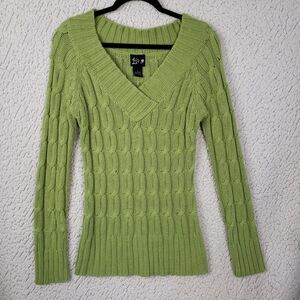 Love Lola Cable Knit Sweater Womens L Green Chunky V Neck Preppy Y2K 32x25 V
